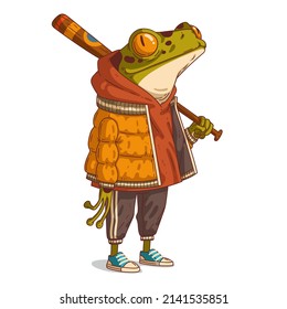 A dreamy frog with a bat, vector illustration. Cute anthropomorphic casually dressed toad, holding a baseball bat over his shoulder, looking up at something. An animal character with a human body.