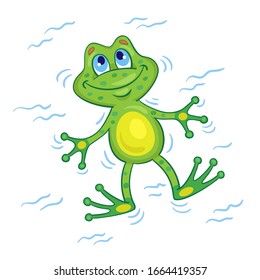 Dreamy frog lies on his back and looks at the sky. In cartoon style. Isolated on white background. Vector illustration.