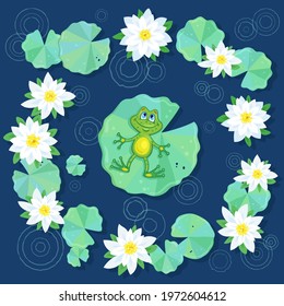 A dreamy frog lies on a large green leaf among a pond with blooming water lilies in the rain. In cartoon style. On a dark blue background. Vector illustration.