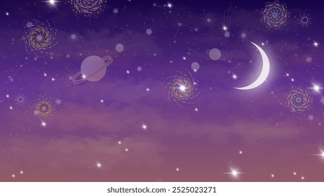 A dreamy galaxy vector illustration with planets, stars, constellations, and a crescent moon on a purple and pink gradient sky. Perfect for cosmic-themed designs, decor, and backgrounds.
