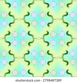 Dreamy geometric seamless pattern featuring mirrored pink flowers and fluid green lines on an alternating pastel gradient grid.