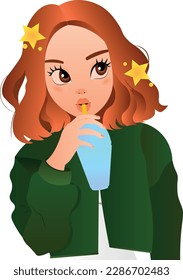 A dreamy girl with a drink in a glass with a straw