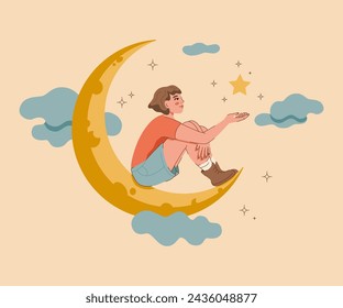 Dreamy girl fantasizes about opportunity to sit on crescent moon and hold star with firmament. Fabulous female teenager in casual clothes fantasizes about traveling through night sky with clouds