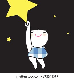 Dreamy Girl Is Going Away With The Brightest Largest Star At Night Concept Card Character illustration