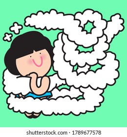 Dreamy Girl With Long Shape Of A Thought Bubble That Rises From Her Mind Concept Card Character illustration