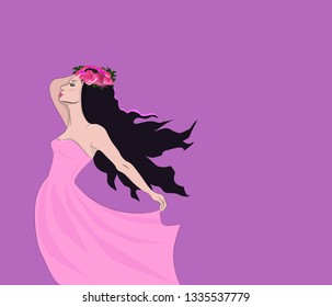 Dreamy girl in a pink dress and a wreath of roses. Vector image