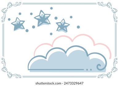 Dreamy and girly pastel tone cloud illustration with stars. Design element. Vector illustration.