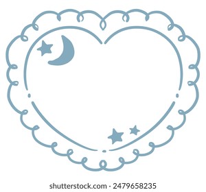 Dreamy and girly pastel tone heart shaped frame with moon and stars. Design element. Vector illustration.