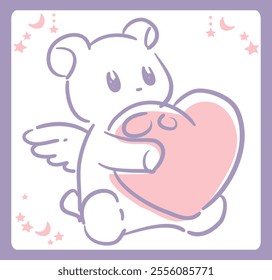 Dreamy and girly pastel tone illustration. A bear holding a cushion. Vector illustration.