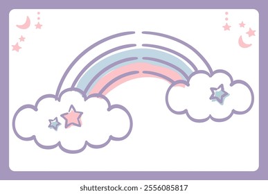 Dreamy and girly pastel tone rainbow illustration with moon and stars. Design element. Vector illustration.