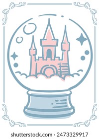 Dreamy and girly pastel tone snow globe with a catsle. Design element. Vector illustration.