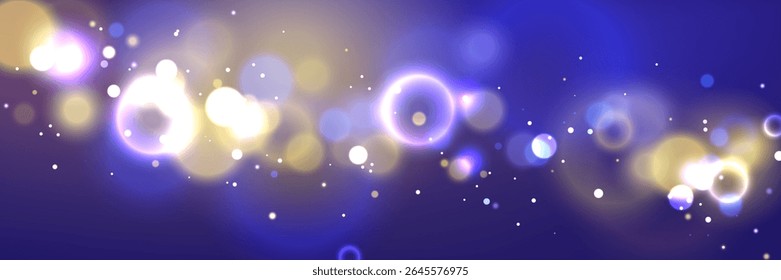 Dreamy gold and blue bokeh background with floating light circles. Abstract blurred sparkles - magical atmosphere for festive celebration, luxury design or holiday backdrop with shimmering particles.