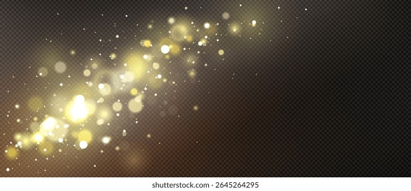 Dreamy gold transparent bokeh background with floating light particles - realistic magical sparkles and soft glowing orbs, festive overlays, celebration graphics or elegant photo filters.