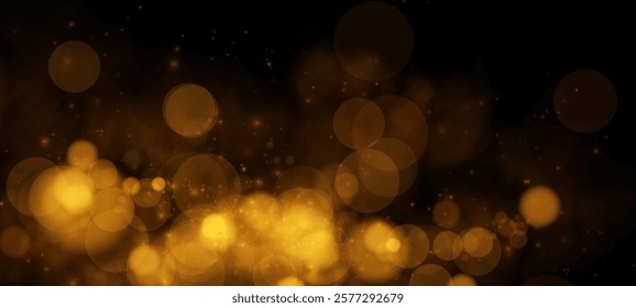 A dreamy golden bokeh effect with glowing orbs and soft sparkles on a dark background, evoking elegance and warmth.