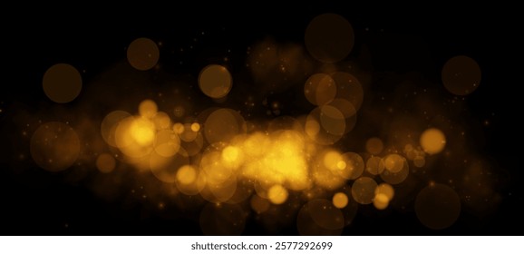 A dreamy golden bokeh effect with glowing orbs and soft sparkles on a dark background, evoking elegance and warmth.