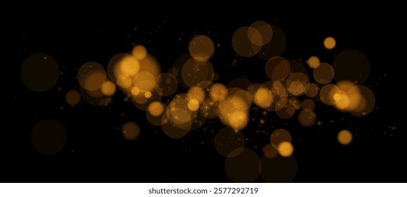 A dreamy golden bokeh effect with glowing orbs and soft sparkles on a dark background, evoking elegance and warmth.