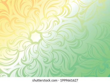 Papel pintado de degradado de ensueño con estampados florales y folclóricos estilizados, fondo con una hoja soleada verde suave, ilustración vectorial para postales, anuncios, folletos, etiquetas, carteles, pancartas e invitaciones