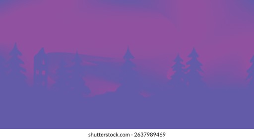 A dreamy, gradient-filled digital illustration featuring a twilight forest landscape with silhouettes of pine trees and a small tower.
