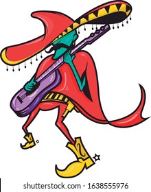 


Dreamy green-skinned man playing the purple guitar, dressed in red like Mariachi singing ranches in a fun and caricatural way, with a giant mustache in a happy way and his big hat