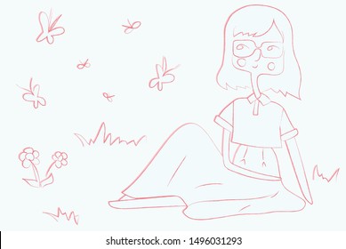 Dreamy hand drawn girl sitting on the grass with butterflies and flowers around her