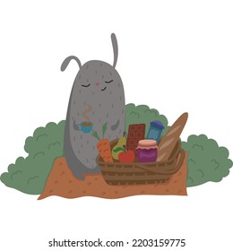 A dreamy hare with a basket on a picnic