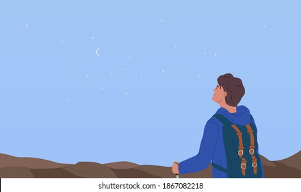 Dreamy hiker contemplating starry breathtaking sky horizon. Concept of exploration, observation and aspiration. Explorer looking at beautiful view. Flat vector illustration of night landscape