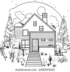 Dreamy House with Garden black and white only Simple