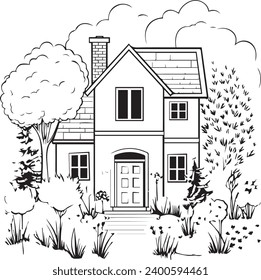 Dreamy House with Garden black and white only Simple