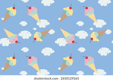 Dreamy Ice cream cones with clouds on blue  background  for kid project and advertising , packaging, promotions, posters, fabric