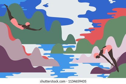 Dreamy illustration of rounded shapes landscape and swimming girls