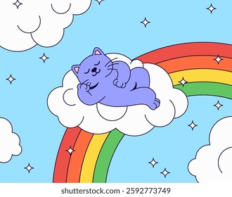 Dreamy illustration of a sleeping take a nap cat on a cloud above a rainbow vector hand drawn