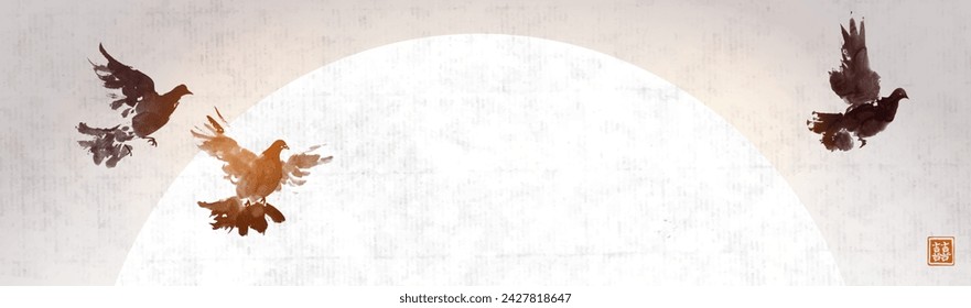 Dreamy illustration in the sumi-e style with a flock of birds across radiant white sun on rice paper background. Hieroglyph - double luck