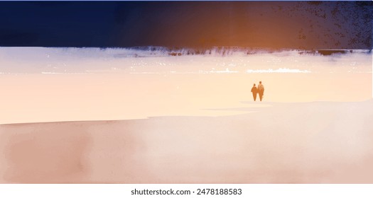 Dreamy Ink painting of two people standing of the sandy shore of the sea. Traditional Japanese ink wash painting sumi-e