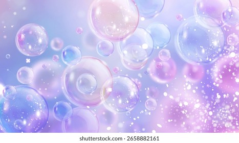 Dreamy iridescent bubble background with sparkle effects - floating soap bubbles in pastel blue and purple gradient, magical light reflections for beauty product presentations and laundry design.