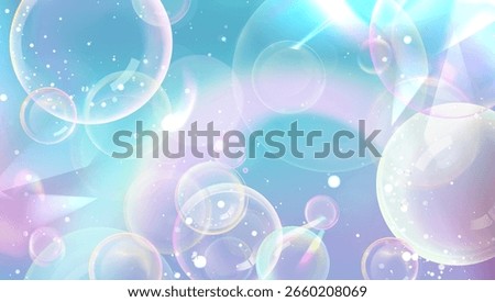 Dreamy iridescent bubble background with sparkle effects - floating soap bubbles in pastel blue and purple gradient, magical light reflections for beauty product presentations and laundry design.