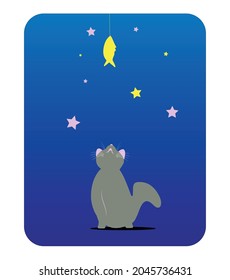 A dreamy kitten sees a fish among the night stars. Cute Editable Vector illustration. 