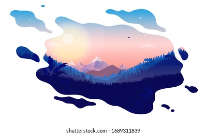 Dreamy landscape illustration - Beautiful nature scene in a dreamy liquid shape. Sunrise over mountains, great view and clear sky. Beautiful dreams, freedom and fresh air concept.