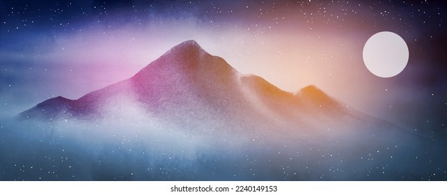 Dreamy landscape with mountain and starry glowing night sky. Traditional Japanese ink wash painting sumi-e.