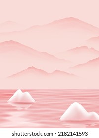 Dreamy Landscape Painting Of Pink Colored River, Mountain And Stone In 3D Illustration