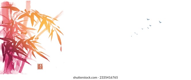 Dreamy landscape with red bamboo tree and flock of birds in the sky. Traditional oriental ink painting sumi-e, u-sin, go-hua. Hieroglyph - clarity