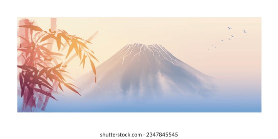 Dreamy landscape with red bamboo tree and Fujiyama mountain on sunrise background. Traditional oriental ink painting sumi-e, u-sin, go-hua