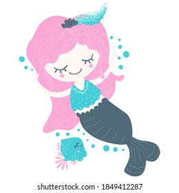 Dreamy little mermaid floating with arms raised up, fish and bubbles in Scandinavian style on a white background. Baby illustration for poster, nursery design, sticker, print, card. Vector.