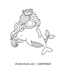 Dreamy little mermaid, floating with dolphin. Vector outline illustration. 