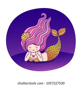 Dreamy lying cartoon mermaid with wavy purple hair. Under the sea. Sticker, poster, badge, patch. Vector flat illustration.