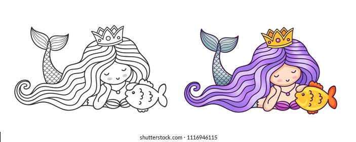 Dreamy lying princess mermaid, stroking golden fish. Cartoon characters. Vector illustration for coloring book, print, card, postcard, poster, t-shirt, patch, tattoo.