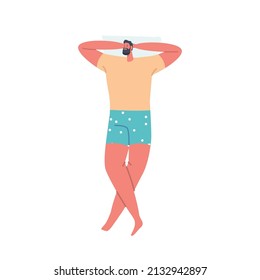Dreamy Male Character Sleeping in Relaxed Pose Lying on Bed with Arms under Head and Crossed Legs Top View. People Bedding Time, Sleep or Nap Isolated on White Background. Cartoon Vector Illustration