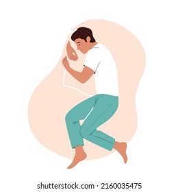 Dreamy Male Character Sleeping in Relaxed Pose Lying on Bed and Hugging Pillow Top View. People Bedding Time, Sleep or Nap Isolated on White Background. Cartoon Vector Illustration