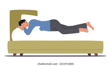 Dreamy Male Character Sleeping in Relaxed Pose Lying on Bed and Hugging Pillow Side View. Bedding Time, Sleep or Nap Isolated on White Background. Cartoon People Vector Illustration svg