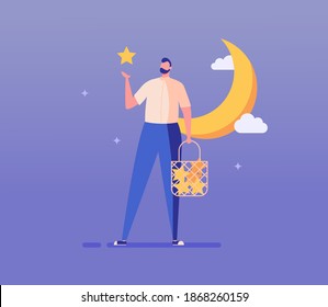 Dreamy man collecting stars in bag, standing near moon. Millennial guy dreaming and making wish. Concept of relaxation, dream visualization, dreaming, makes wishes. Vector illustration in flat design