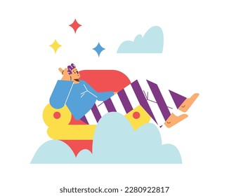 Dreamy man lying in chair and thinking of something, flat vector illustration isolated on white background. Pensive character soars in clouds. Thoughtful person.